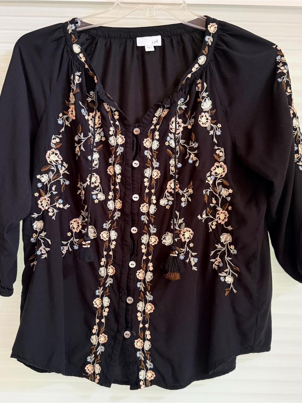 J. Jill Black Embroidered Button-Front Peasant Blouse